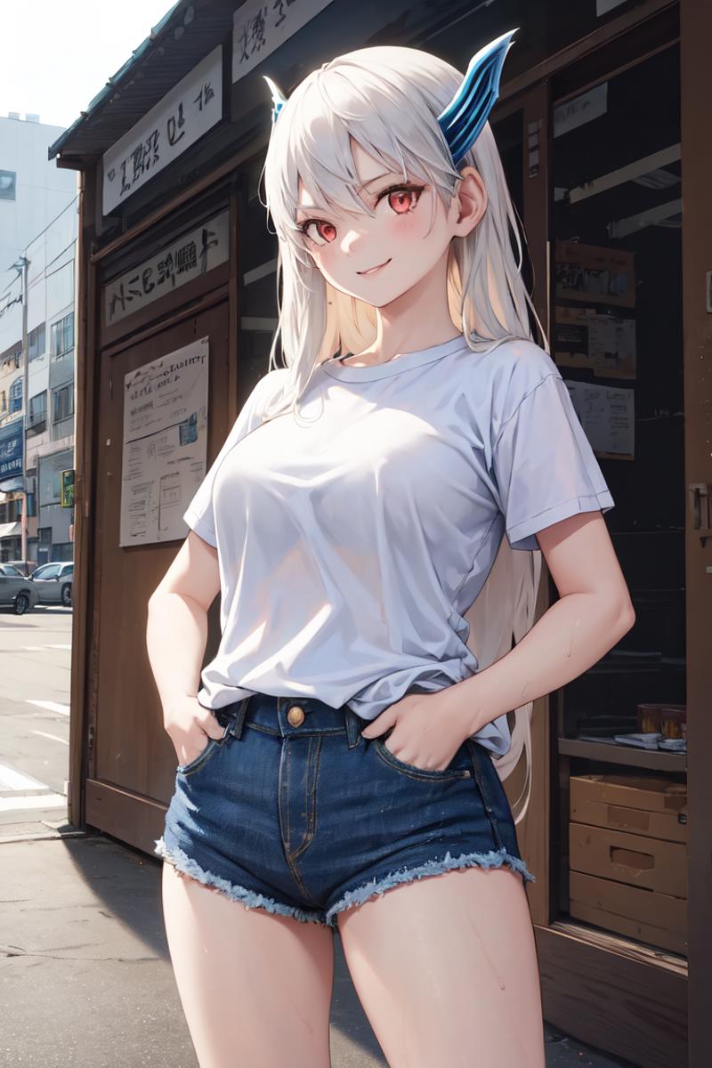 04208-2019949656-masterpiece, best quality, absurdres, perfect anatomy, 1girl, solo, KyoukaUzen, hair ornament, t-shirt, denim shorts, standing,.png